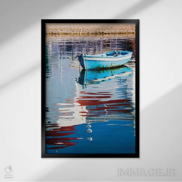تابلو دکوراتیو Mykonos, Hora, Fishing Boat and Reflection of a Church in th… اثر هولیس لونی - نمای قابدار مشکی