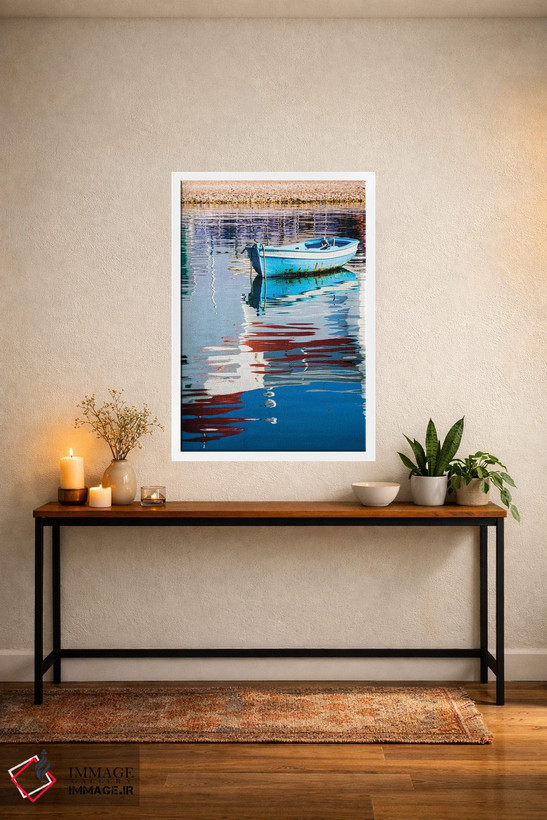 تابلو دکوراتیو Mykonos, Hora, Fishing Boat and Reflection of a Church in th… اثر هولیس لونی - D2W
