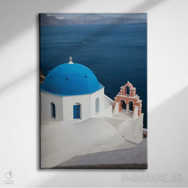 تابلو دکوراتیو Santorini. Blue dome and bell tower,یونان، سانتورینی، گنبد آ… اثر هولیس لونی - نمای روبهرو روی دیوار