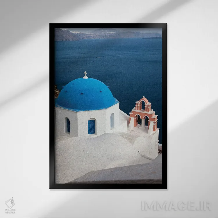 تابلو دکوراتیو Santorini. Blue dome and bell tower,یونان، سانتورینی، گنبد آ… اثر هولیس لونی - نمای قابدار مشکی