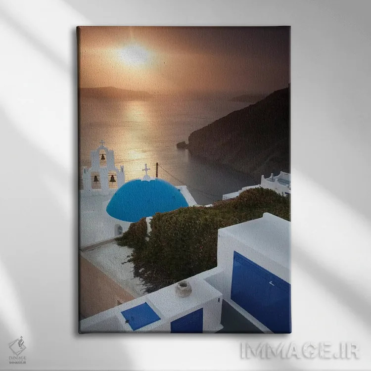 تابلو دکوراتیو Santorini. Blue dome and bell tower at sunset,یونان، سانتوری… اثر هولیس لونی - نمای روبهرو روی دیوار