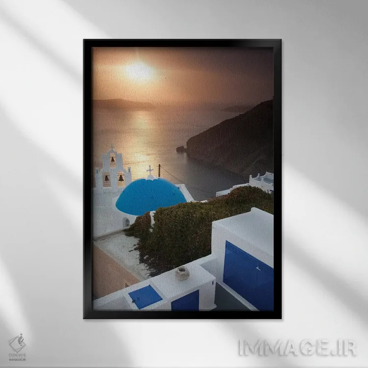 تابلو دکوراتیو Santorini. Blue dome and bell tower at sunset,یونان، سانتوری… اثر هولیس لونی - نمای قابدار مشکی