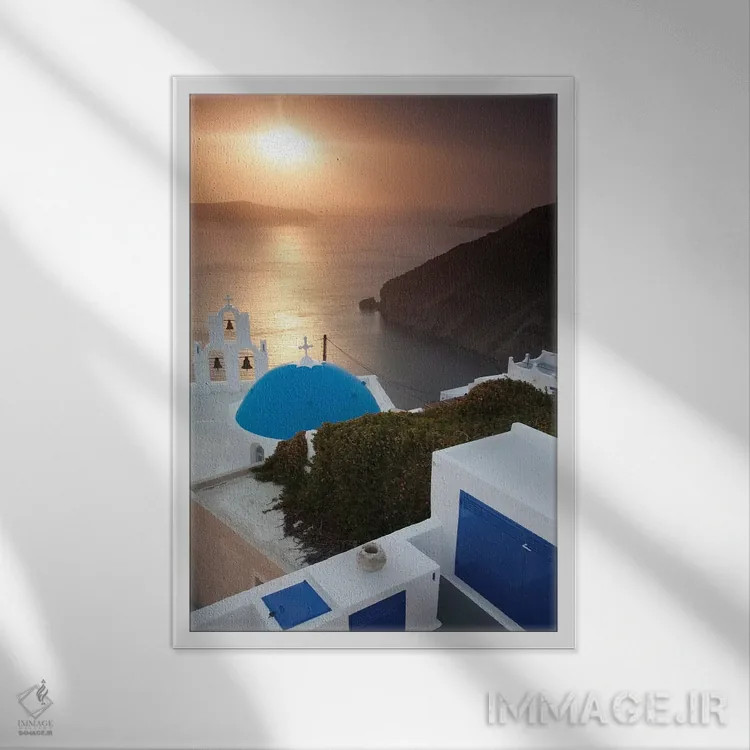 تابلو دکوراتیو Santorini. Blue dome and bell tower at sunset,یونان، سانتوری… اثر هولیس لونی - نمای قابدار سفید
