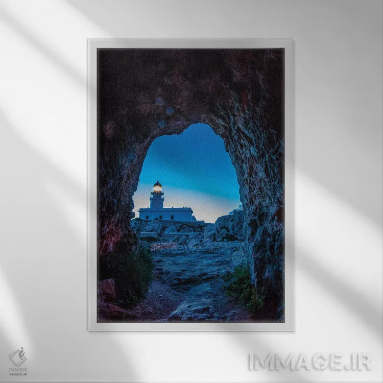 تابلو دکوراتیو Menorca, Spain,فانوس دریایی کیپ کاوالریا در طلوع، منورکا، اس… اثر هولیس لونی - نمای قابدار سفید