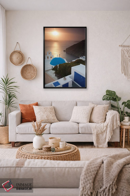 تابلو دکوراتیو Santorini. Blue dome and bell tower at sunset,یونان، سانتوری… اثر هولیس لونی - D3B