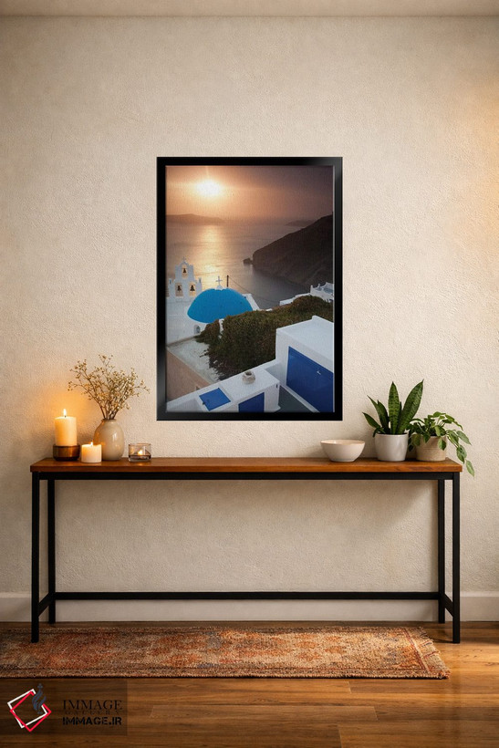 تابلو دکوراتیو Santorini. Blue dome and bell tower at sunset,یونان، سانتوری… اثر هولیس لونی - D5B