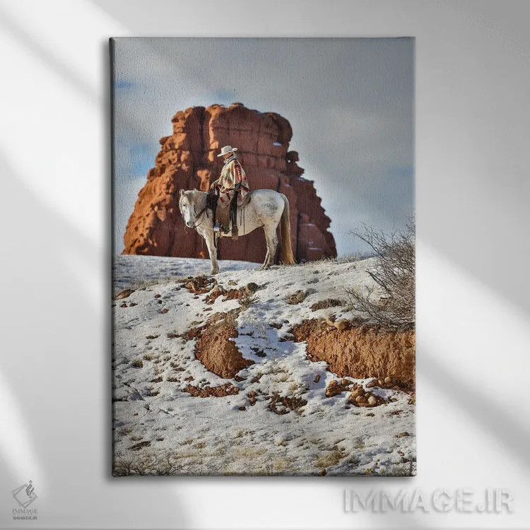 تابلو دکوراتیو Wyoming Hideout Horse Ranch, Wrangler On Horseback In Snow,آ… اثر هولیس لونی - نمای روبهرو روی دیوار