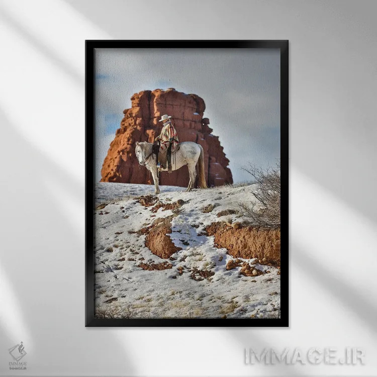 تابلو دکوراتیو Wyoming Hideout Horse Ranch, Wrangler On Horseback In Snow,آ… اثر هولیس لونی - نمای قابدار مشکی