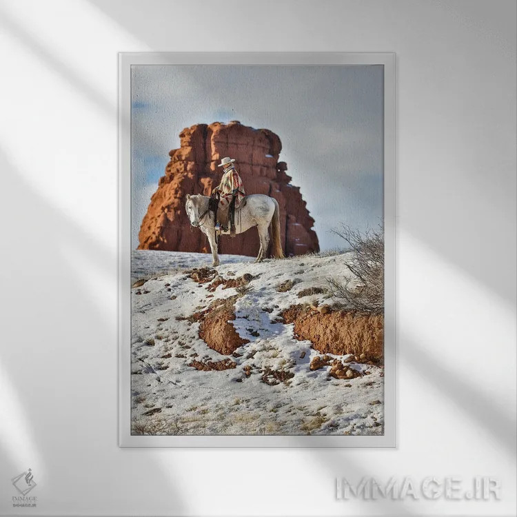 تابلو دکوراتیو Wyoming Hideout Horse Ranch, Wrangler On Horseback In Snow,آ… اثر هولیس لونی - نمای قابدار سفید
