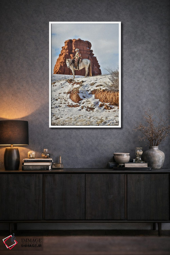 تابلو دکوراتیو Wyoming Hideout Horse Ranch, Wrangler On Horseback In Snow,آ… اثر هولیس لونی - D2W
