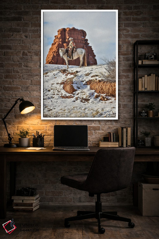 تابلو دکوراتیو Wyoming Hideout Horse Ranch, Wrangler On Horseback In Snow,آ… اثر هولیس لونی - D3W