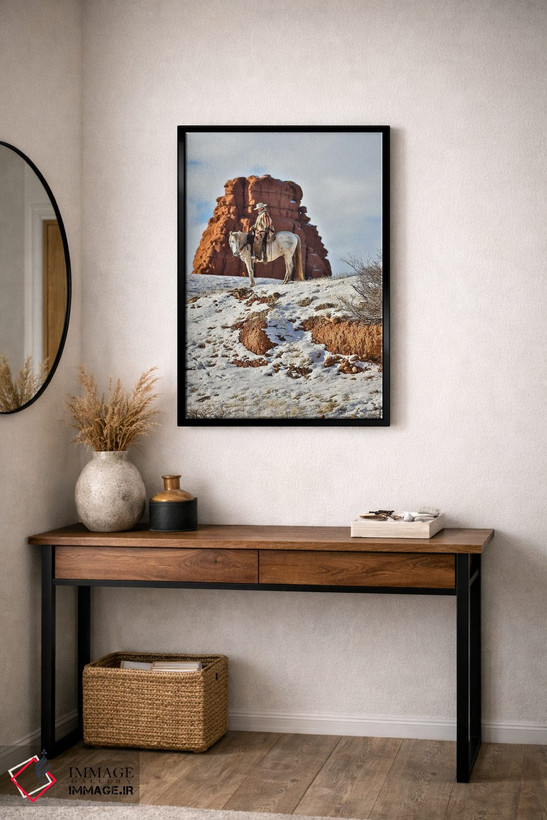 تابلو دکوراتیو Wyoming Hideout Horse Ranch, Wrangler On Horseback In Snow,آ… اثر هولیس لونی - D4B