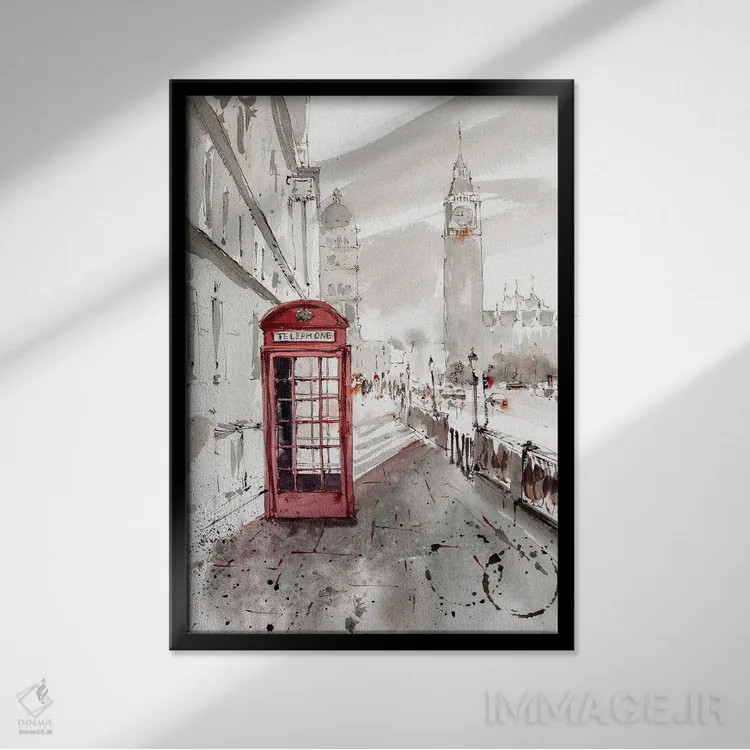 تابلو دکوراتیو London,کابین تلفن قرمز، لندن اثر هوم لایک آرت - نمای قابدار مشکی