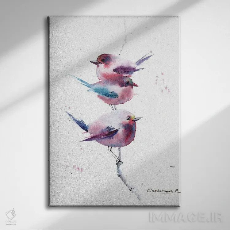 تابلو دکوراتیو پرندگان صورتی اثر هوم لایک آرت - نمای روبهرو روی دیوار