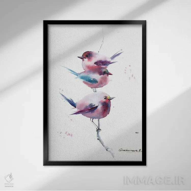 تابلو دکوراتیو پرندگان صورتی اثر هوم لایک آرت - نمای قابدار مشکی