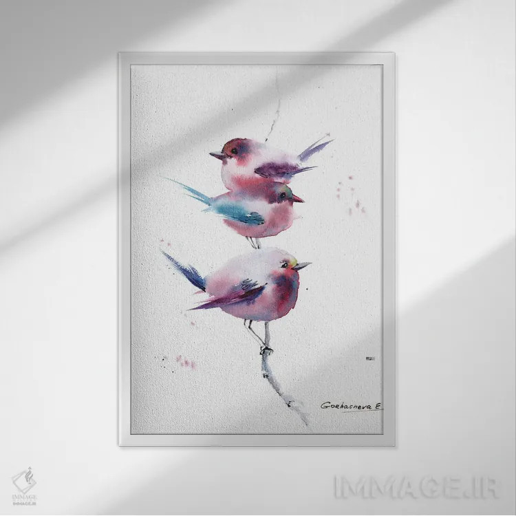 تابلو دکوراتیو پرندگان صورتی اثر هوم لایک آرت - نمای قابدار سفید