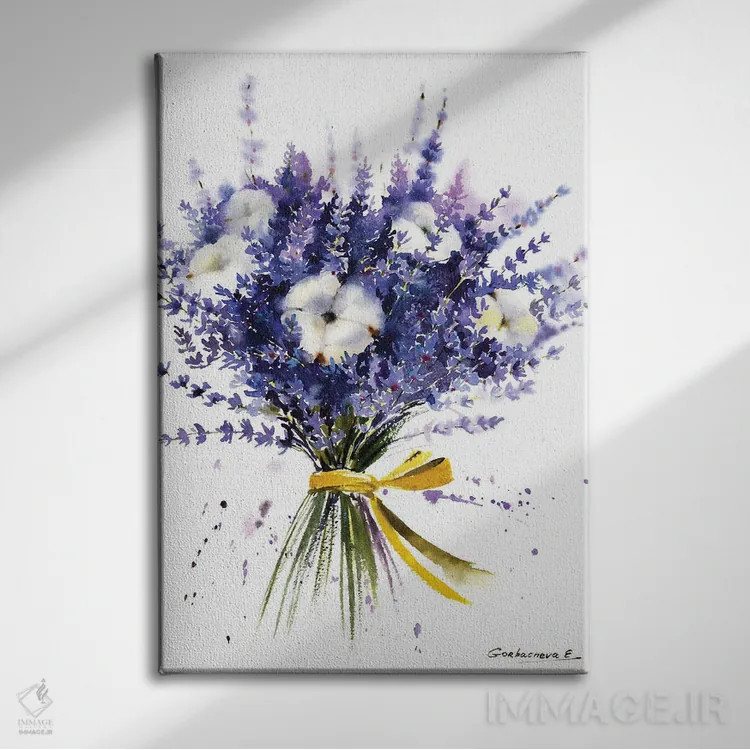 تابلو دکوراتیو دسته گل اسطوخودوس اثر هوم لایک آرت - نمای روبهرو روی دیوار
