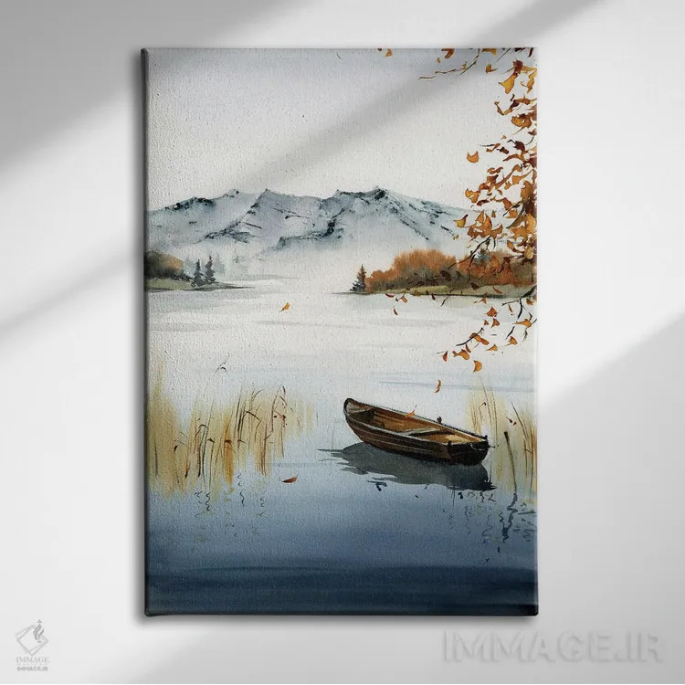 تابلو دکوراتیو قایق روی دریاچه، منظره پاییزی I اثر هوم لایک آرت - نمای روبهرو روی دیوار