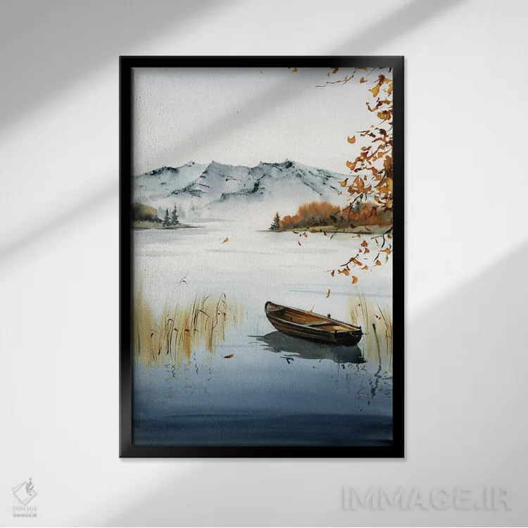 تابلو دکوراتیو قایق روی دریاچه، منظره پاییزی I اثر هوم لایک آرت - نمای قابدار مشکی