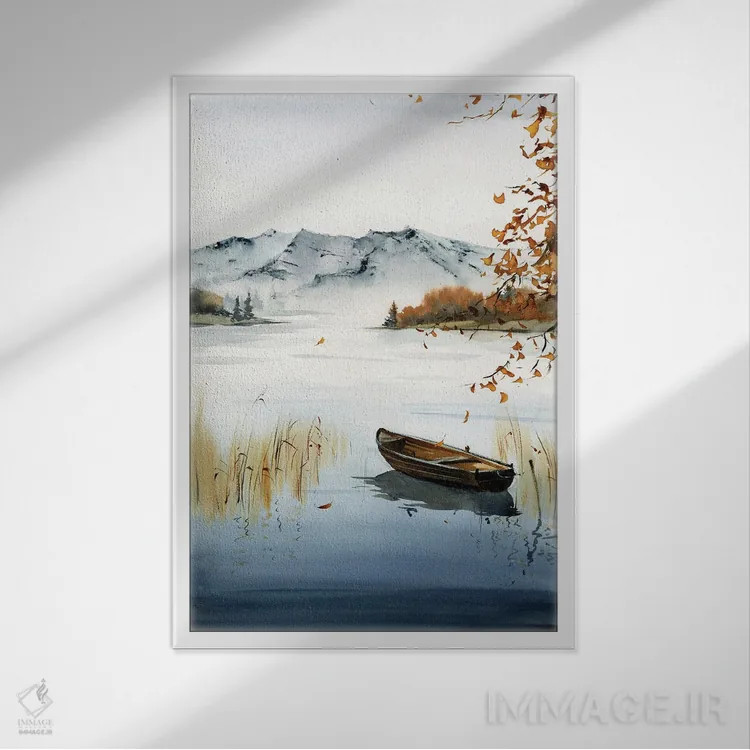 تابلو دکوراتیو قایق روی دریاچه، منظره پاییزی I اثر هوم لایک آرت - نمای قابدار سفید