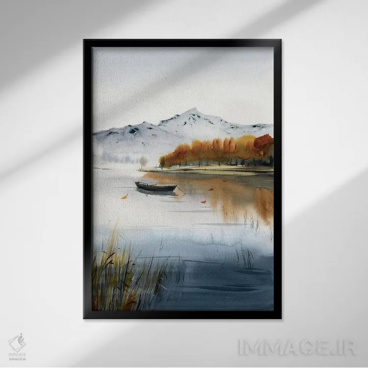 تابلو دکوراتیو قایق روی دریاچه، منظره پاییزی II اثر هوم لایک آرت - نمای قابدار مشکی