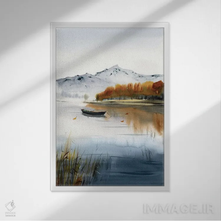 تابلو دکوراتیو قایق روی دریاچه، منظره پاییزی II اثر هوم لایک آرت - نمای قابدار سفید
