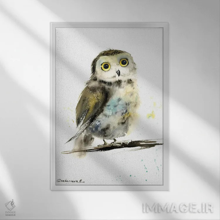 تابلو دکوراتیو جغد کوچک روی شاخه اثر هوم لایک آرت - نمای قابدار سفید