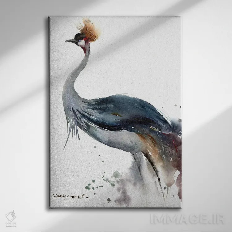 تابلو دکوراتیو درنای تاج خاکستری اثر هوم لایک آرت - نمای روبهرو روی دیوار