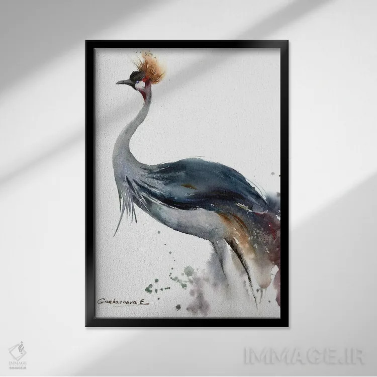تابلو دکوراتیو درنای تاج خاکستری اثر هوم لایک آرت - نمای قابدار مشکی