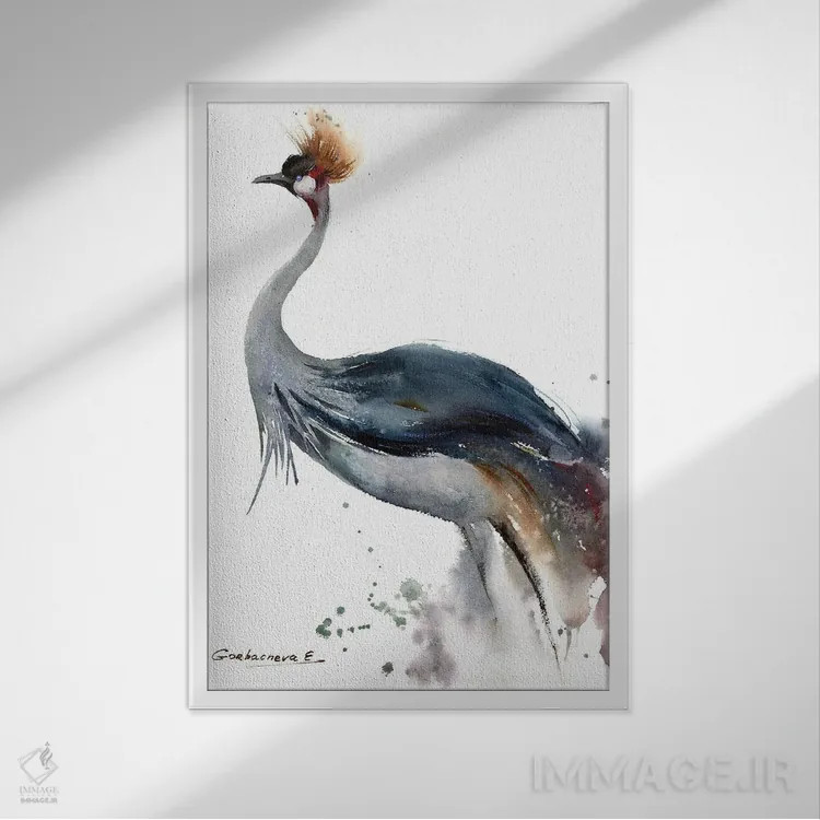 تابلو دکوراتیو درنای تاج خاکستری اثر هوم لایک آرت - نمای قابدار سفید