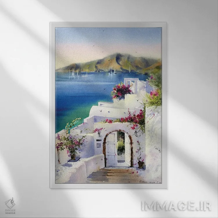 تابلو دکوراتیو جزیره سانتورینی یونان II اثر هوم لایک آرت - نمای قابدار سفید