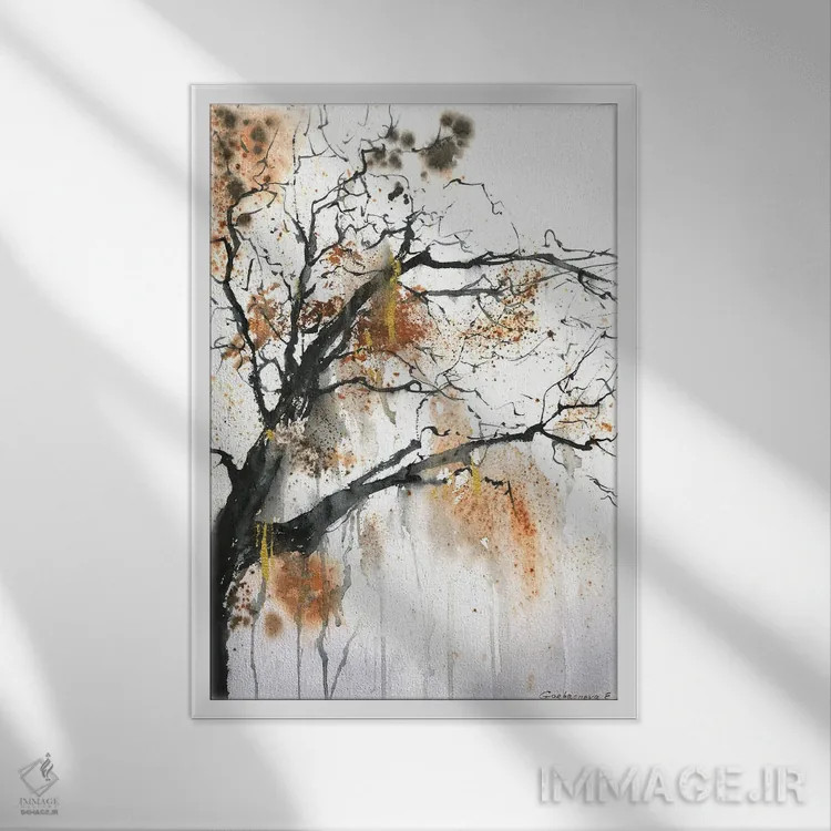 تابلو دکوراتیو درخت پاییزی اثر هوم لایک آرت - نمای قابدار سفید