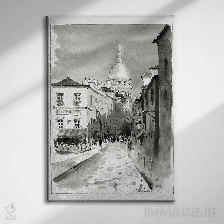 تابلو دکوراتیو Paris,مون مارتر سیاه و سفید، پاریس اثر هوم لایک آرت - نمای روبهرو روی دیوار