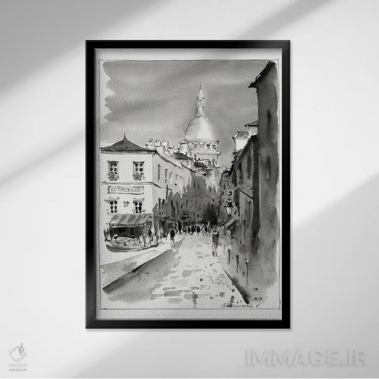 تابلو دکوراتیو Paris,مون مارتر سیاه و سفید، پاریس اثر هوم لایک آرت - نمای قابدار مشکی