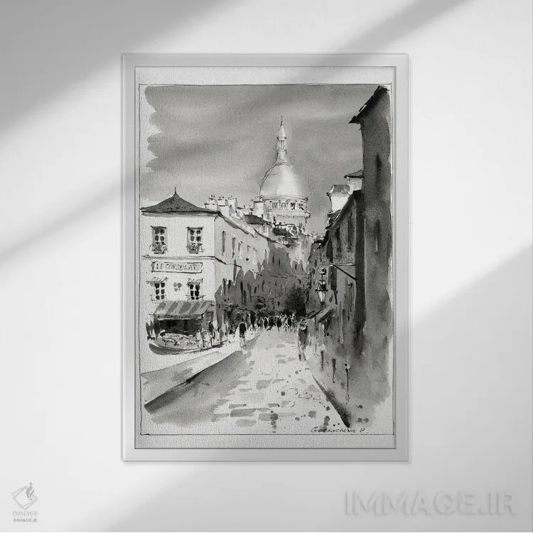 تابلو دکوراتیو Paris,مون مارتر سیاه و سفید، پاریس اثر هوم لایک آرت - نمای قابدار سفید
