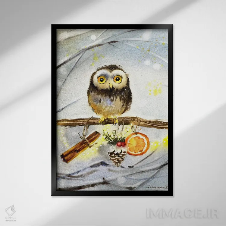 تابلو دکوراتیو جغد کریسمسی اثر هوم لایک آرت - نمای قابدار مشکی