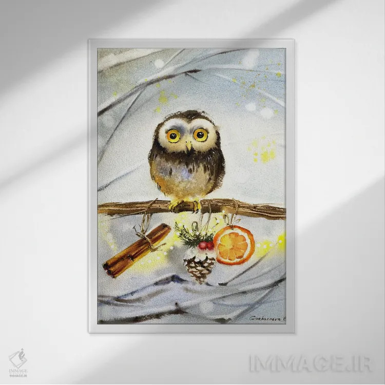 تابلو دکوراتیو جغد کریسمسی اثر هوم لایک آرت - نمای قابدار سفید