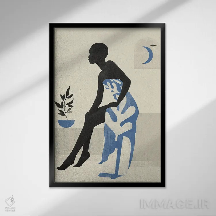 تابلو مینیمال دختر آسمانی انتزاعی سه اثر هلو مورائس - نمای قابدار مشکی