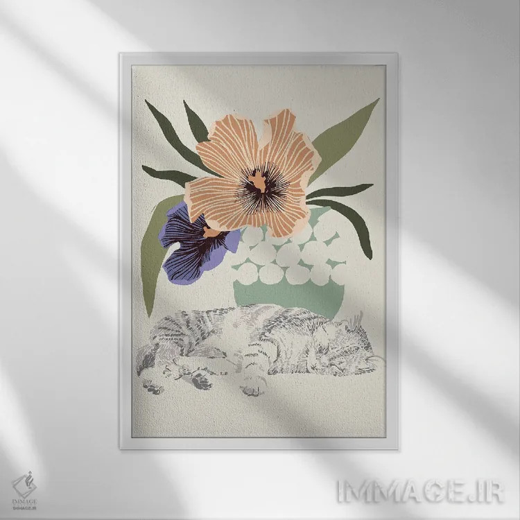 تابلو مدرن گربه لاله ای اثر هانا بایزنگ - نمای قابدار سفید