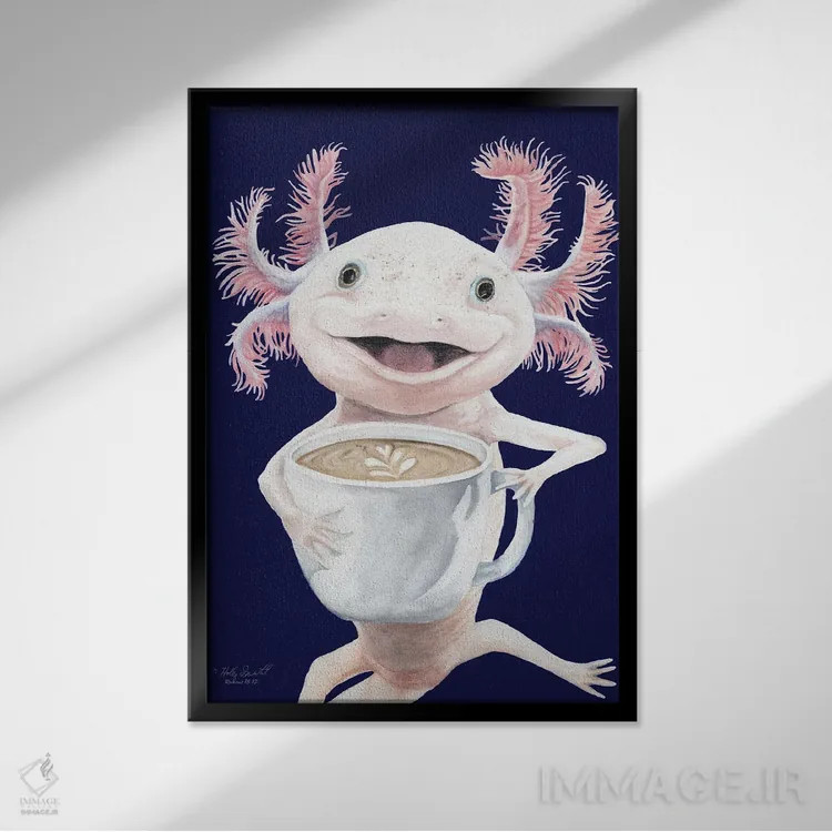 تابلو دکوراتیو Axolotl Coffee,آکسولاته، قهوه آکسولوتل اثر هالی سیمنتال - نمای قابدار مشکی