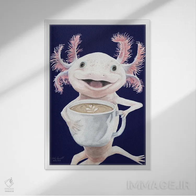 تابلو دکوراتیو Axolotl Coffee,آکسولاته، قهوه آکسولوتل اثر هالی سیمنتال - نمای قابدار سفید