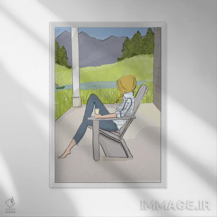 تابلو دکوراتیو نشستن در ایوان کوهستان اثر هدر استیلافسن - نمای قابدار سفید