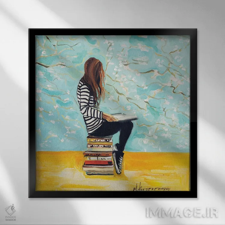 تابلو دکوراتیو دختر در حال خواندن اثر مارینا کوتسو سپیرو - نمای قابدار مشکی