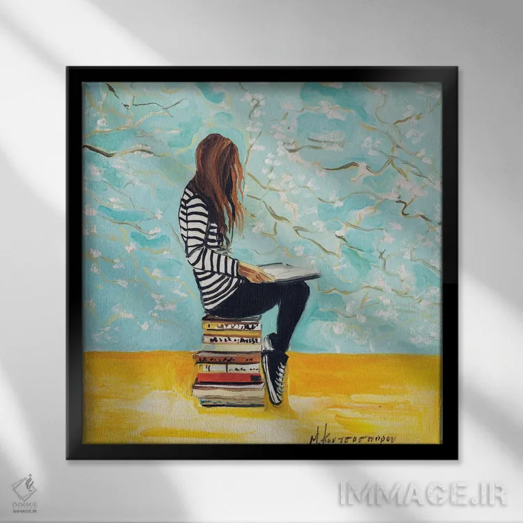 تابلو دکوراتیو دختر در حال خواندن اثر مارینا کوتسو سپیرو - نمای قابدار مشکی