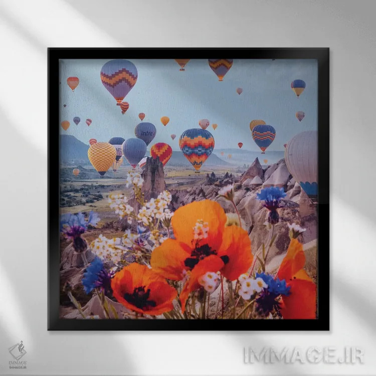 تابلو دکوراتیو گل ها و بادکنک ها اثر هوبوپیبا - نمای قابدار مشکی