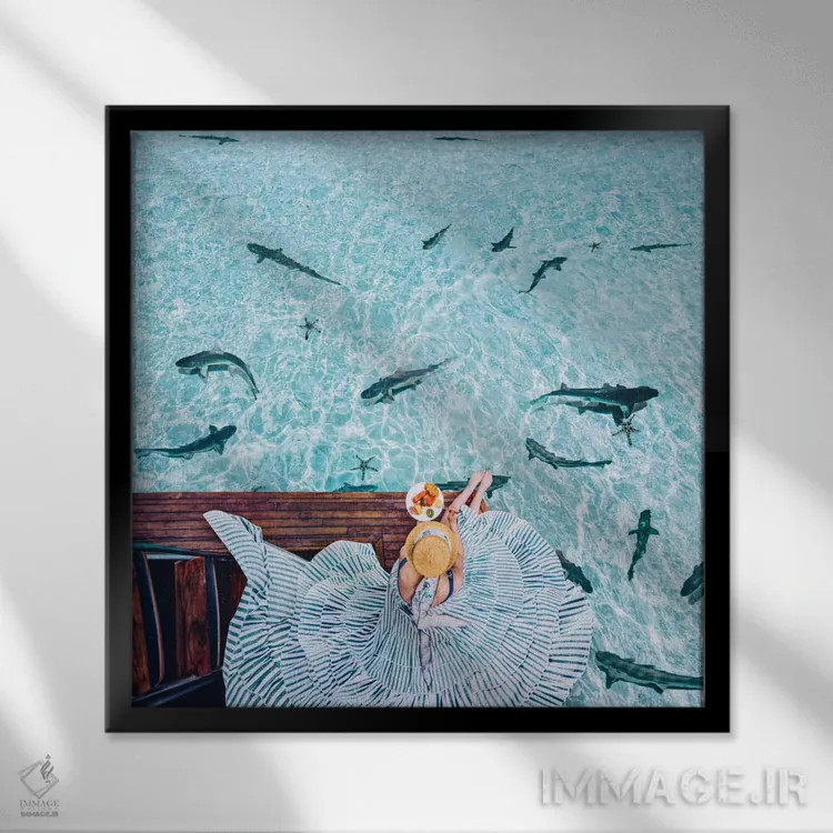 تابلو دکوراتیو صبحانه با کوسه ها اثر هوبوپیبا - نمای قابدار مشکی