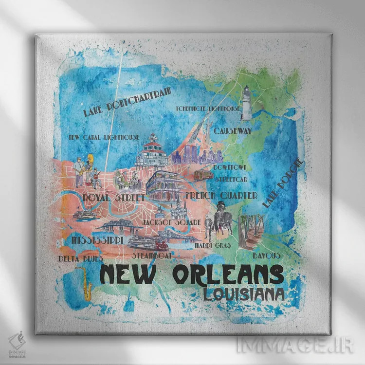 تابلو دکوراتیو نیواورلئان لوئیزیانا آمریکا - نقشه تصویری اثر مارکوس و مارتینا بلیشنر - نمای روبهرو روی دیوار