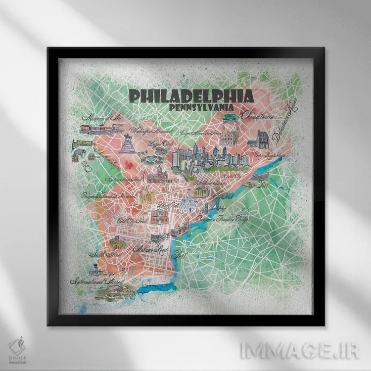 تابلو دکوراتیو فیلادلفیا پنسیلوانیا آمریکا - نقشه تصویری اثر مارکوس و مارتینا بلیشنر - نمای قابدار مشکی