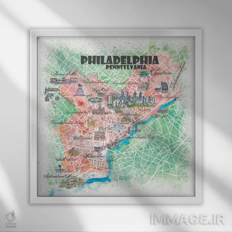 تابلو دکوراتیو فیلادلفیا پنسیلوانیا آمریکا - نقشه تصویری اثر مارکوس و مارتینا بلیشنر - نمای قابدار سفید