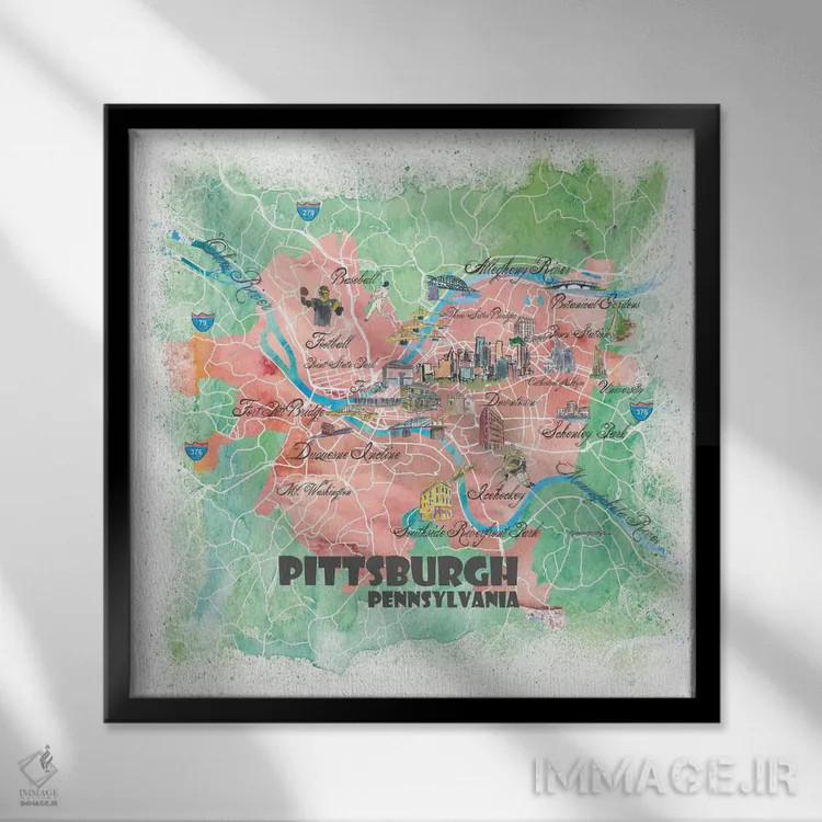 تابلو دکوراتیو پیتسبرگ پنسیلوانیا - نقشه تصویری اثر مارکوس و مارتینا بلیشنر - نمای قابدار مشکی